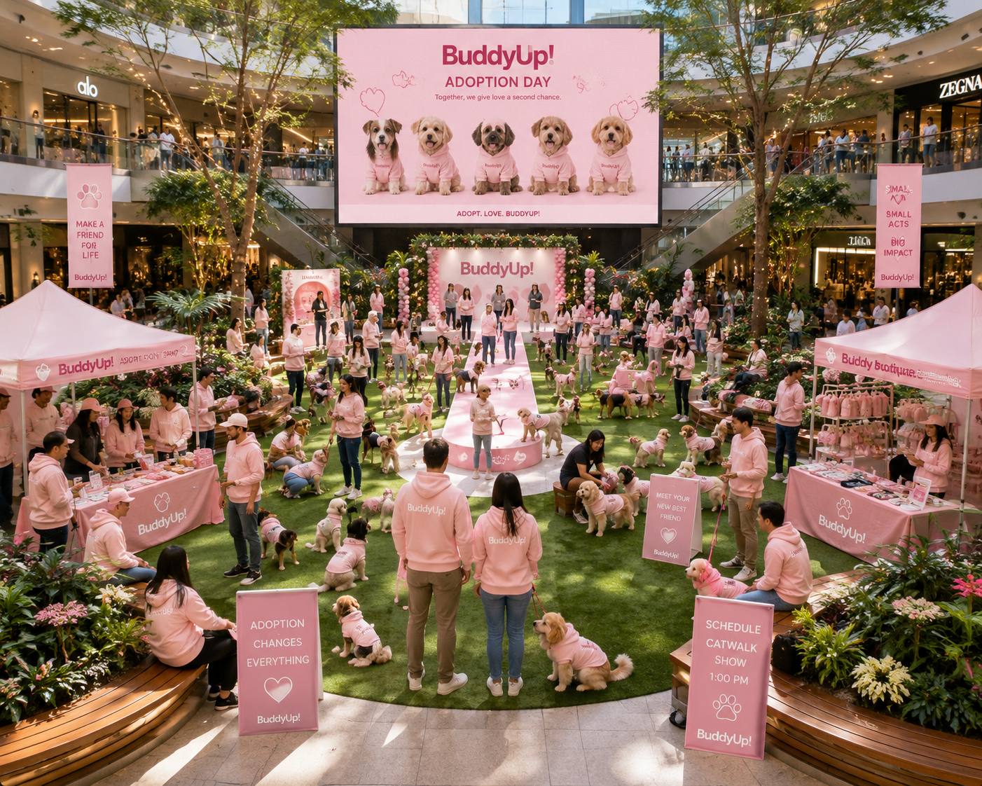 An open-air BuddyUp adoption event with pink and green tents, families, volunteers and adoptable dogs