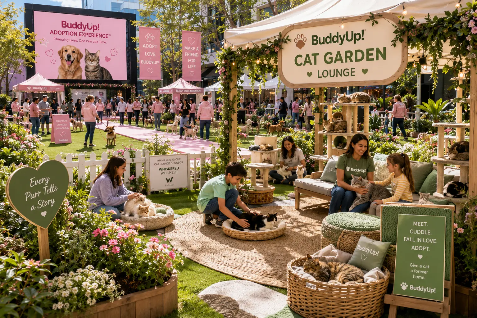 Families relaxing with adoptable cats in the BuddyUp Cat Garden Lounge