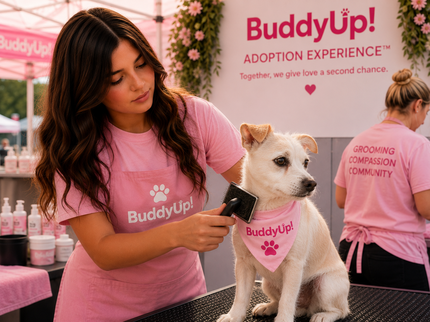 A volunteer groomer brushing a happy rescue dog at a BuddyUp grooming station