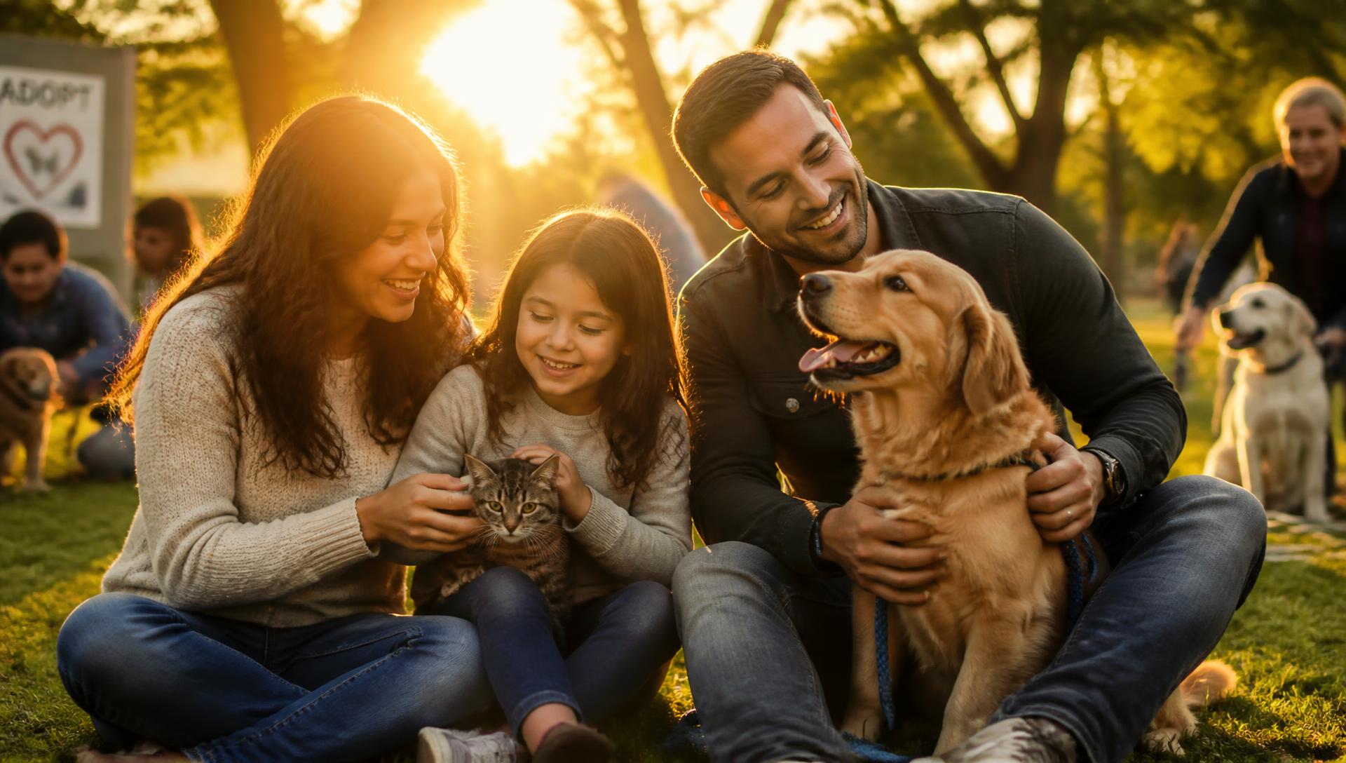 Families celebrating at golden hour with their newly adopted dogs and cats